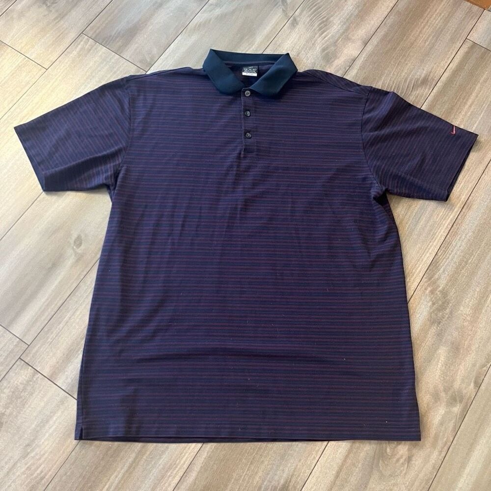 Nike Golf Mens XXL Dri-Fit UV Polo Shirt Navy Blue Burgundy Striped Short Sleeve